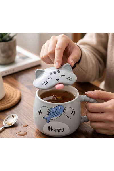 Kuzey Tacı Ceramic Mug with Cat Figure and Lid, 3D Detailed, Special Characte...