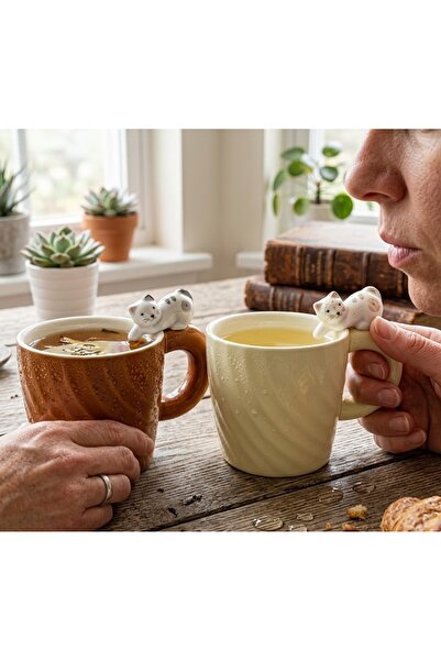 Kuzey Tacı Porcelain Mug with 3D Cat Figure and Twisted Texture, Special Desi...