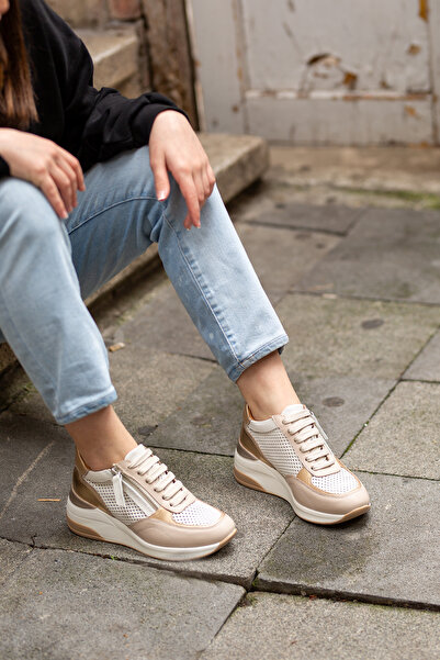 Mammamia 0270 Hakiki Deri Fermuar Detaylı Bağcıklı Kadın Sneaker