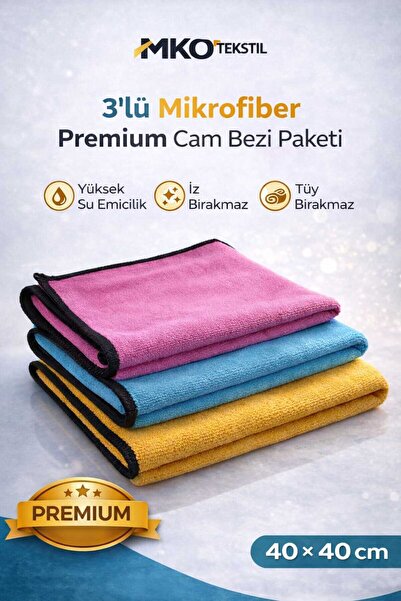 MKO TEKSTİL 3'LÜ 40 X 40 CM PREMİUM ULTRA PARLATICI MİKROFİBER CAM BEZİ