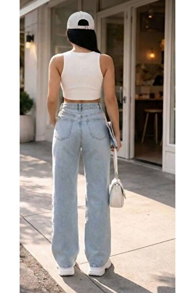 ON KLEEM Blue Snow Wash Lycra Super High Waist Loose Leg Jeans Palazzo Women's Pants