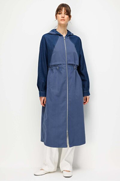 Micca %100 Pamuk Yıkanmış Soft Denim ve Garni Kumaşlı Zamansız Trench Kap-İndigo