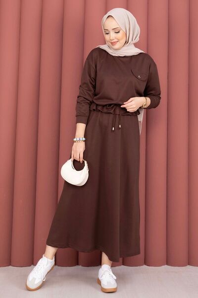 Tk Pocket Detailed Crop & Skirt Double Set Brown