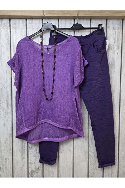 pudubutik Yıkamalı Oversize Mor Keten Bluz