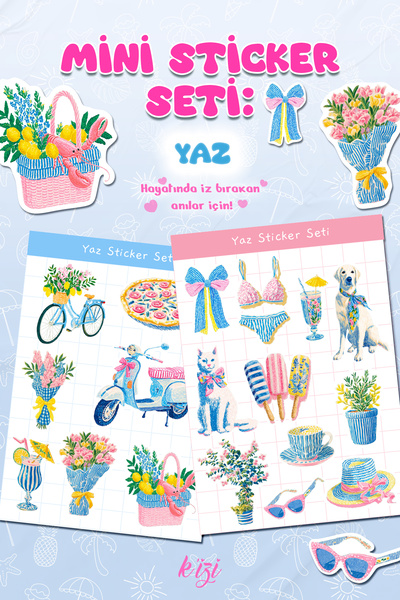 KiziHediye Yaz Temalı Mini Sticker Seti | Çiçek, Dondurma, Bisiklet Figürlü D...