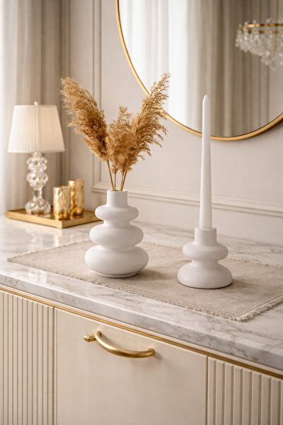 lufen deco طقم ديكور أبيض منقوش بالرخام مكون من قطعتين، حامل شموع، مزهرية، عل...