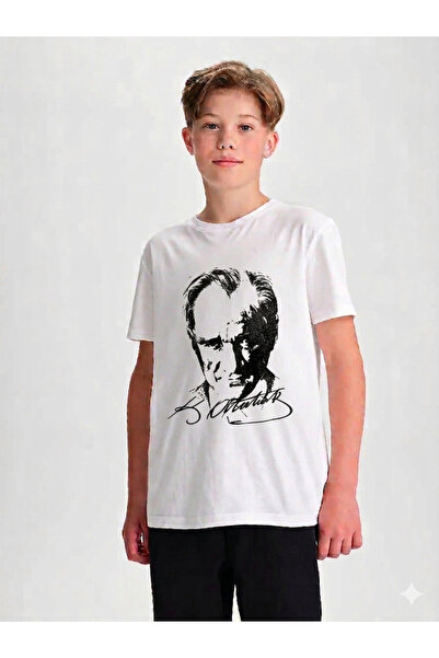 MERİCEY Unisex Παιδικό βαμβακερό λευκό μπλουζάκι με στάμπα Ατατούρκ και Φεγγά...