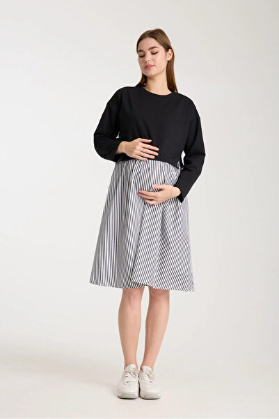 LİYACA Striped Combed Cotton Maternity Tunic Dress