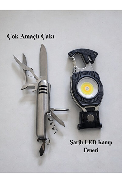 Blissra Şarjlı LED Kamp Feneri USB AnahtarlıkÇok Amaçlı Çakı Multitool Kamp S...