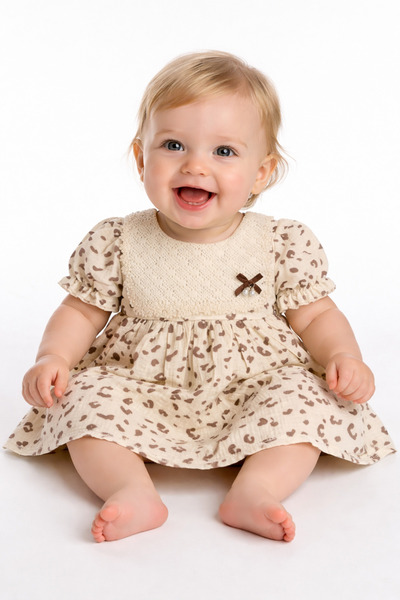 İZYALİF BABY Kız Bebek Müslin Elbise – Leopar Desenli, Dantel Yaka Detaylı, %...