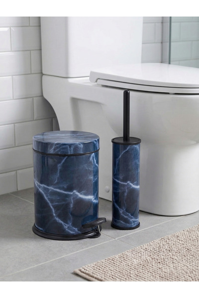 GörSeç Σετ μπάνιου 3 λίτρων σε μπλε μαρμάρινο χρώμα, 2 τεμαχίων, με πεντάλ, κ...
