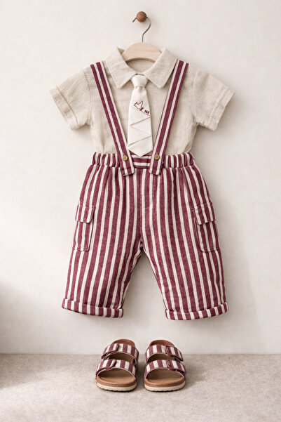 Tifina Kids Erkek Bebek 3'li Takım Şeritli Askılı Salopet Dokulu Gömlek Lasti...