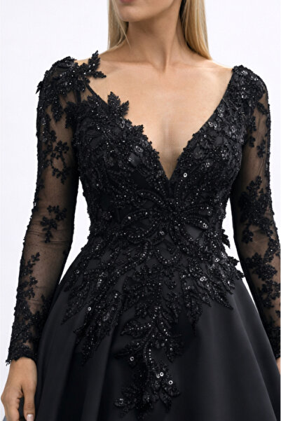 ROJBEY KADIN ABİYE SİYAH V YAKA TRANSPARAN ORGANZE PRENSES ŞIK DAVET ELBİSESİ