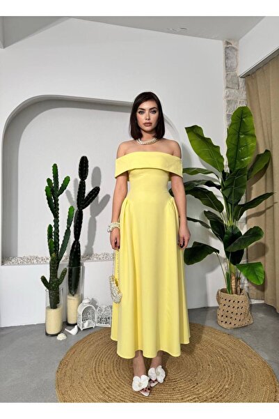 maf collection Γυναικείο κίτρινο φόρεμα αποφοίτησης με γιακά Μαντόνα, στράπλε...