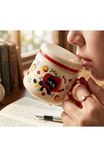 Kuzey Tacı Sweet Black Cat Themed Porcelain Mug with Lid, Decorative Coffee C...