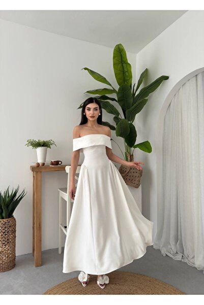 maf collection Women's White Madonna Collar Strapless Midi Length Evening Dre...