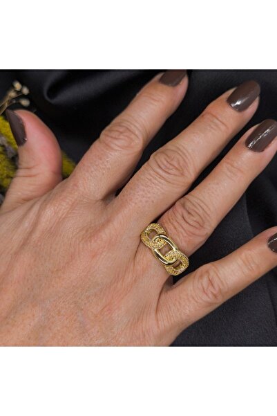 MuseumofYou Gold Plated Zircon Stone Chain Model Ring - Sparkling Interlocking Ring Design - Adjustable