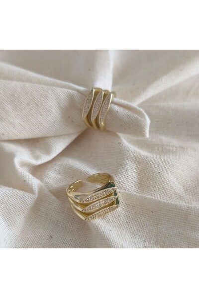 MuseumofYou Gold Plated Triple Shuttle Zircon Stone Design Ring – Adjustable