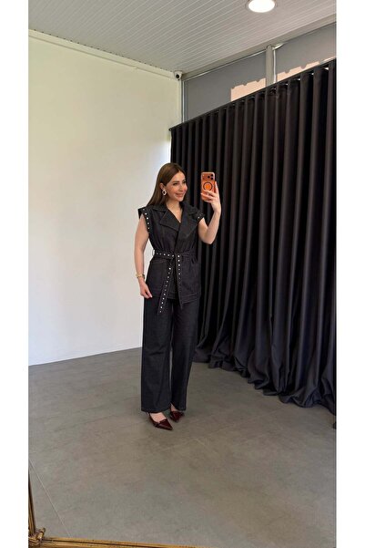 elif teke سترة دينيم مزينة بتفاصيل مرصعة باللون الأزرق الداكن