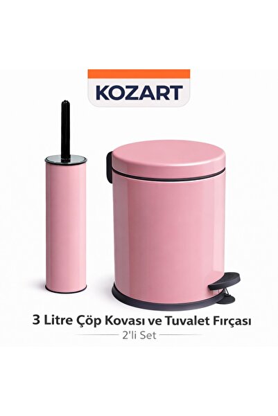 KOZART Pembe 3 Litre Çöp Kovası Ve Wc Fırça 2'li Set Banyo Seti