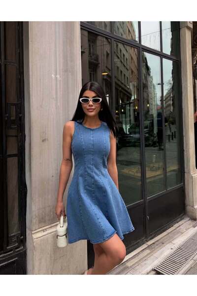 LOKADI Women's Blue Princess Cut Denim Gilet Dress - Mini Denim Dress