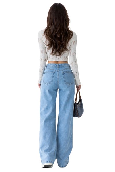Generic Brand White Perforated Low-Cut Long Sleeve Women's Blouse