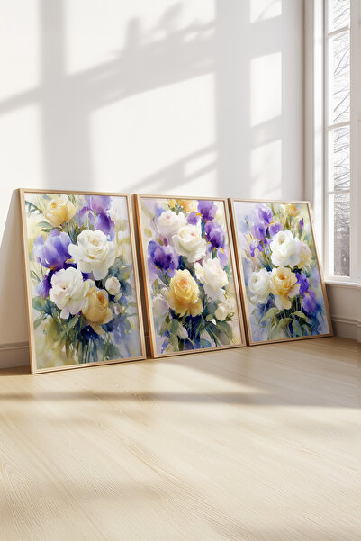 STARYUNA Wooden Framed Flower Bouquet Themed Triple Painting Set Ucyuna621