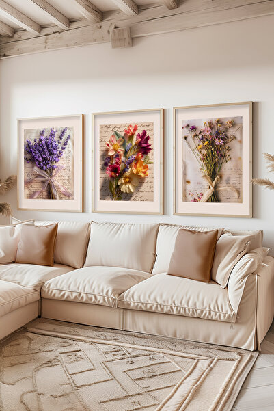 STARYUNA Wooden Framed Lavender and Dried Flower Themed Triple Painting Set U...