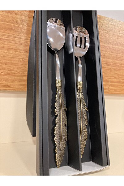 PLUS HOME Service Salad Spoons Set of 2 Steel and Brass Color Antique Feather...