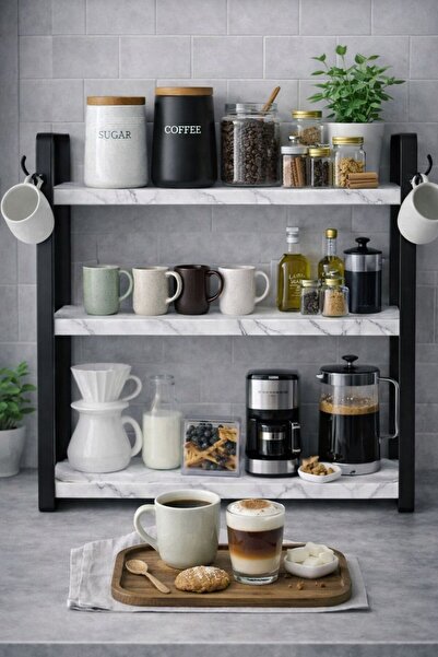 Bambus Home Mini Kahve Köşesi Mutfak Tezgah Üstü Ahşap Organizer 3 Raflı Bany...