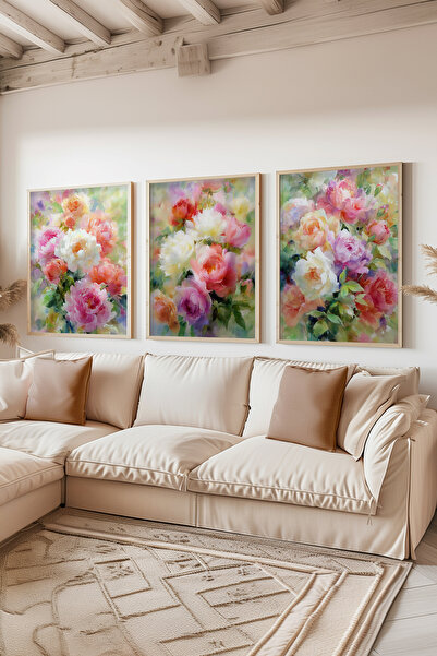 STARYUNA Wooden Framed Colorful Flower Bouquet Themed Triple Painting Set Ucy...