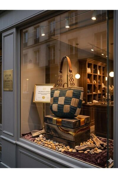 STAR GOGO KİDS 100% Handmade Checkered Knitted Shoulder Bag (with Inner Lining.) 43X32 cm