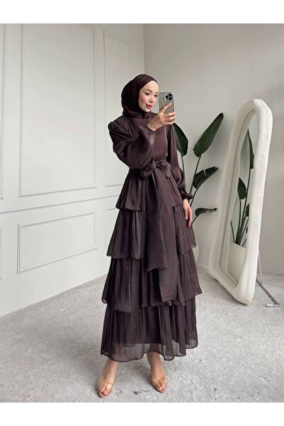 QUMRU Kuşaklı Kat Kat Tesettür Kahve Elbise