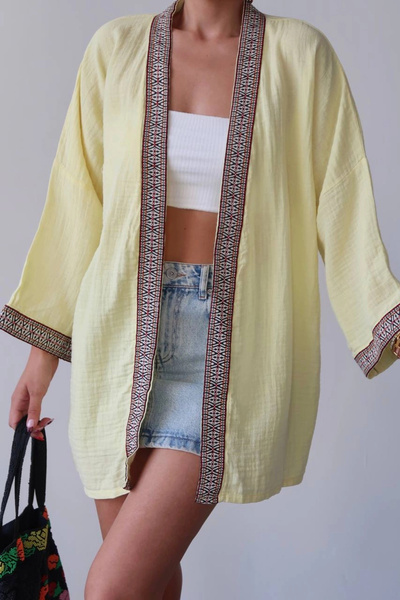 Lusin Women's Lemon Yellow Embroidered Bohemian Style Premium Quality Kimono ...