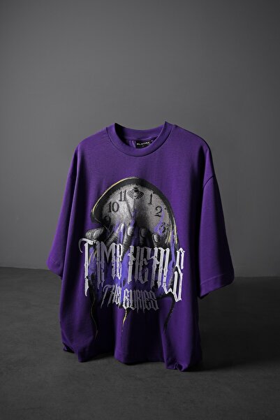 Slatra Ανδρικό μπλουζάκι με στάμπα Time Heals σε μωβ χρώμα, oversized