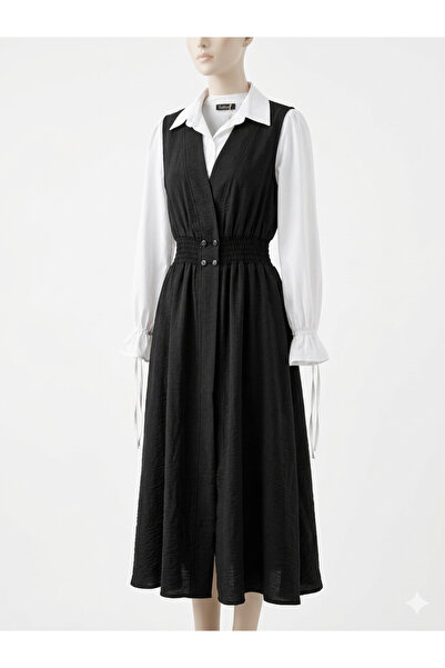 UBBA Kadın Gömlekli Jile Takım - Büzgülü Bel Detaylı Kolsuz Elbise ve Beyaz G...