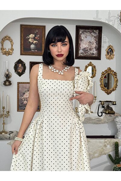 maf collection Women's Ecru Thick Strap Polka Dot Long Evening Dress Graduati...