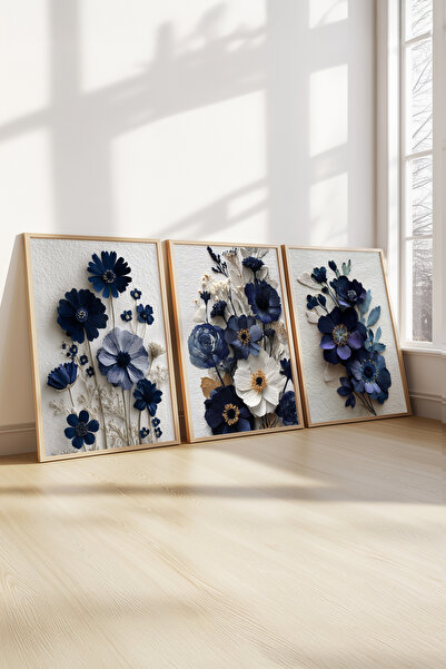 STARYUNA Wooden Framed Navy Blue Flower Composition Triple Painting Set Ucyun...
