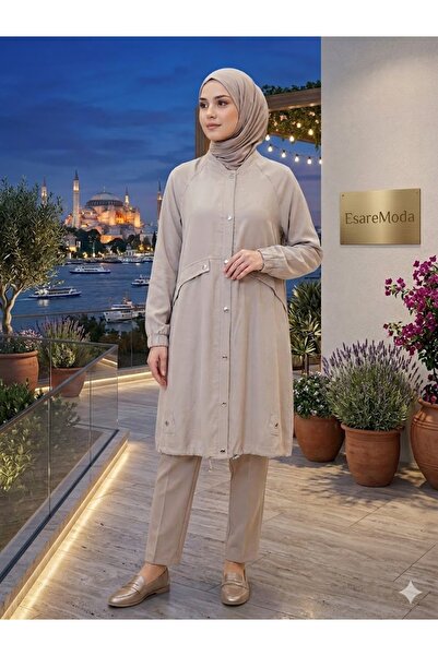 Puane غطاء نسائي متوسط ​​الطول مزين بأزرار من قماش الكبلا 15259