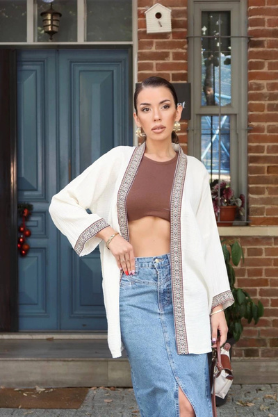 Lusin Women's Ecru Embroidered Bohemian Style Premium Quality Kimono Cardigan