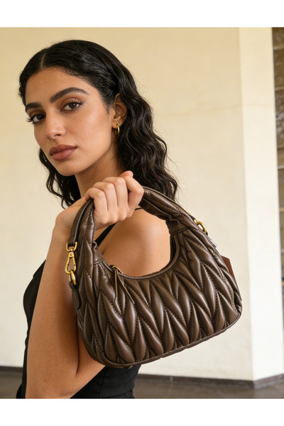 MIMIEYES Caramel brown quilted shoulder bag, crossbody bag, tote bag