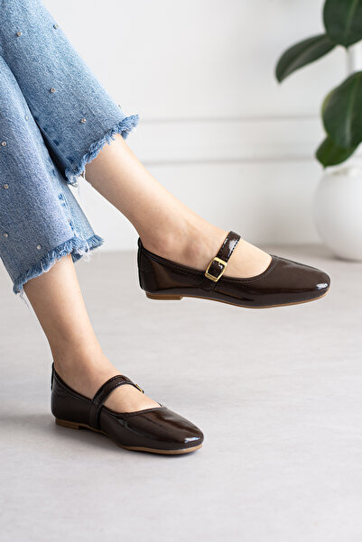 pasyone Brown Patent Leather Women's Daily Buckle Ballerinas