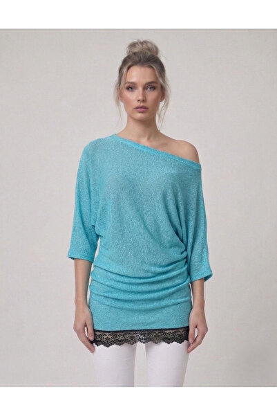 Neden Tekstil Lace Detailed Asymmetrical Black One-Shoulder Blouse