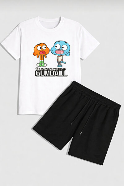 YK WEAR Cartoon Printed Gumball Black T-Shirt Shorts Set Children / Adult