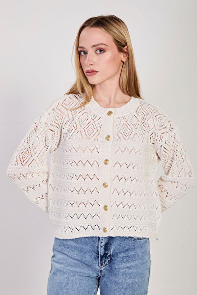 BARRELS AND OIL Women's Gold Buttoned Openwork Cardigan - Natural