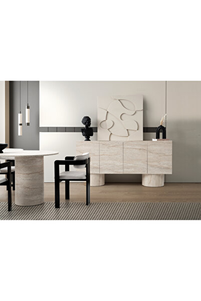 Marka Traverten Görünümlü Konsol - 4 Kapaklı Modern Silindir Konsol -SADECE K...