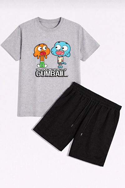 YK WEAR Cartoon Printed Gumball Black T-Shirt Shorts Set Children / Adult