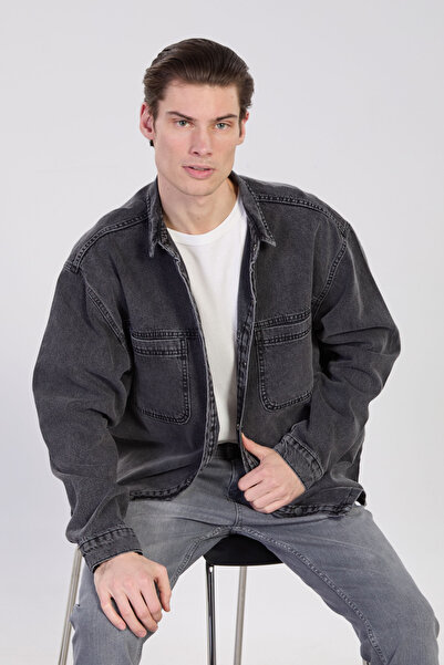 BARRELS AND OIL Men's Double Pocket Snap Fastener Denim Jacket - Black Snow Y.