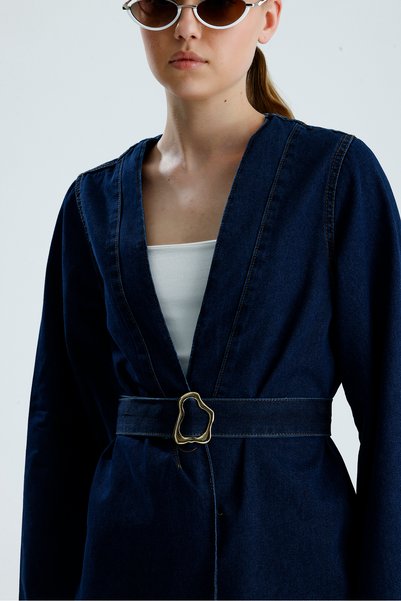 de zuzuu fashion Women's Navy Denim Jacket with Belt Modern Design