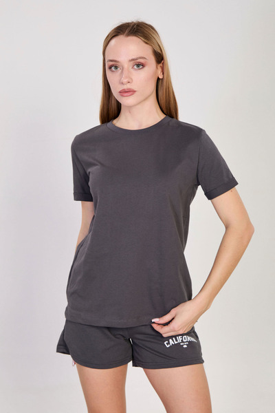 BARRELS AND OIL Women's Crew Neck Double Sleeve Basic T-Shirt - Anthracite